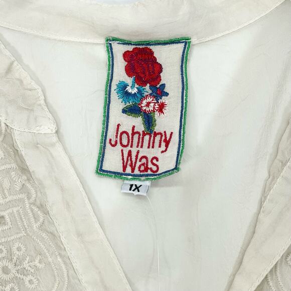 JOHNNY WAS Womens 1X Embroidered Sheer Sleeve Boho Tunic Shirt Top NWT - Picture 7 of 10